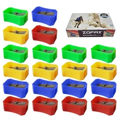 Image of ZOFAX 555 Pencil Sharpeners, Pack of 20, Multi Colour Pack, Single Hole Party Bag Fillers, School Home Office Use, iZOFAX Black Ball Pen