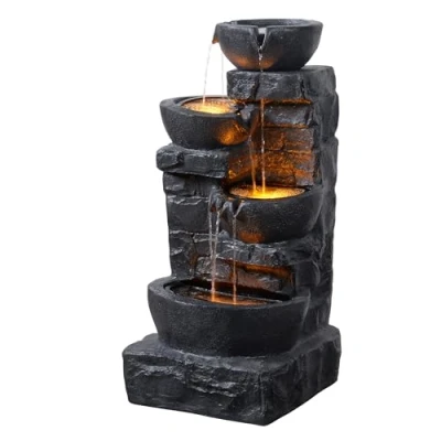 Image of Garden Outdoor Water Feature 4 Tier Cascading Bowl Fountain With Warm led Lights Dark Grey Teamson Home