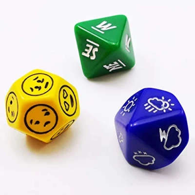 Image of Bescon&#039;s Emotion, Weather and Direction Dice Set, 3 piece Proprietary Polyhedral RPG Set in Blue, Green, Yellow