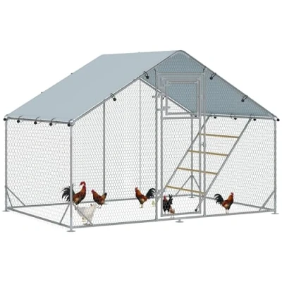 Image of PawHut Walk in Chicken Run, Galvanised Coop with Waterproof &amp; UV Resistant Cover, Feeding Door, Hanging Feeder, Perch, Hen Poultry House for 6 8 Chickens, Ducks, Rabbits, Geese, Silver