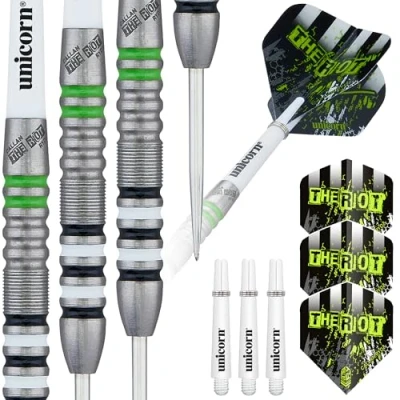 Image of Unicorn Steel Tip Darts Set Callan &#039;The Riot&#039; Rydz Contender 80% Natural Tungsten Barrels with Green White &amp; Black Accents 23 g