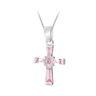 Image of Tuscany Silver Women&#039;s Sterling Pink Cubic Zirconia 13 x 19 mm Set Cross Pendant on Curb Chain Necklace of Length 46 cm/18 Inch