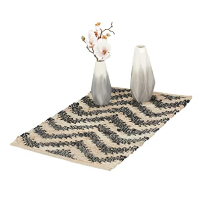 Image of Relaxdays Small Runner Rug, Cotton &amp; Jute, 50x80 cm, Non Slip, Hand Woven, Carpet Hallway, Kitchen, Zigzag, Beige/Black, 1 Piece