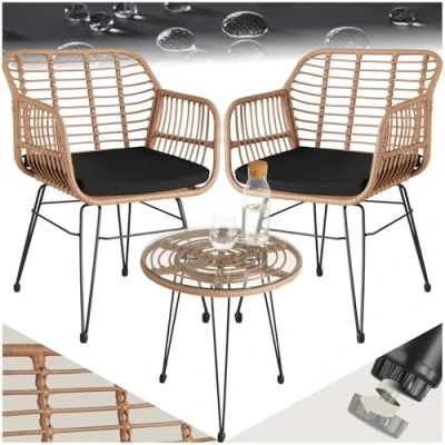 Image of TecTake® Rattan Garden Furniture Bistro Set, UV Resistant Chairs, Water Repellent Chair Cushions, Easy Care Glass Table nature