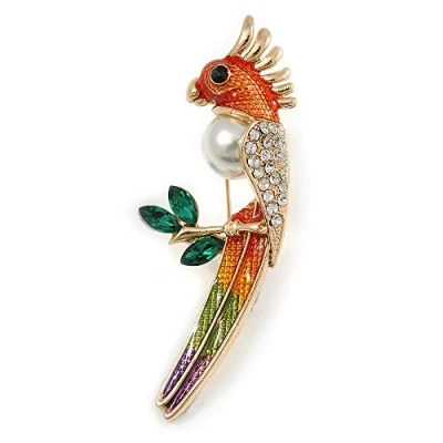 Image of Avalaya Multicoloured Enamel, Crystal Parrot Bird Brooch in Gold Tone Metal 70mm Tall