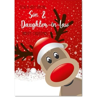 Image of doodlecards Son and Daughter in Law Christmas Card Rudolph Snow Medium Size for &amp; with Plain Envelope