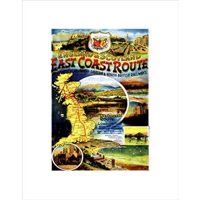 Image of Wee Blue Coo Travel Rail Map East Coast Route Train England Scotland UK Wall Art Print