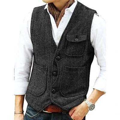 Image of Solovedress Mens Vintage Wool 3 Real Pockets Suit Vest V Neck Tweed Waistcoat for Wedding Groomsmen(Black,M)