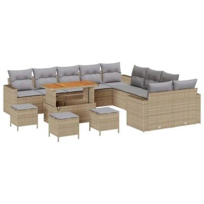 Image of vidaXL 14 Piece Garden Sofa Set with Cushions Beige Poly Rattan Acacia