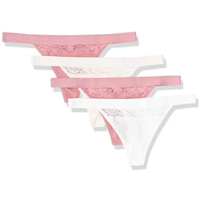 Image of Amazon Essentials Women&#039;s Cotton and Lace Thong Knickers, Pack of 4, Bright White/Pale Pink/Mauve, 16