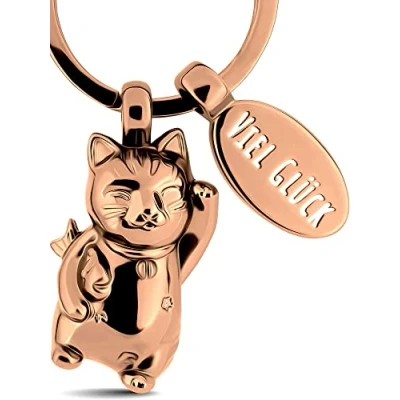 Image of LANOLU Keyring Cat, Lucky Cat Maneki Neko, Key Ring Charm, Courage, Leaving Gift, Lover, 3D Waving Figure Made of Metal, Rose Gold, S,