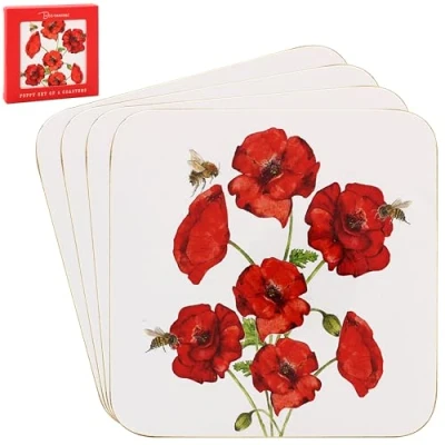 Image of LESSER &amp; PAVEY 4pcs Red Poppies Cork Coasters Bee tanical Floral Series Flower Heat Resist