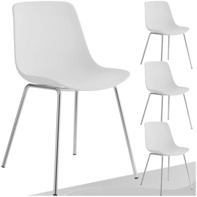 Image of TecTake® Set of 4 Dining Chairs in Classic Design with Ergonomic Plastic Seats, Chair Chrome Plated Steel Legs &amp; Non Slip Feet Ideal as Room, Kitchen Desk White