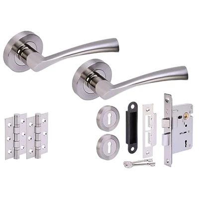Image of HANDLEZONE® Lobo Door Handles on Rose 3 Lever Lock Pack with 75mm Ball Bearing Hinges and 76mm Dual Polished/Satin Nickel