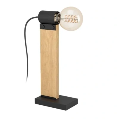 Image of Eglo Bedside lamp Bailrigg, Decorative Light Fixture, Living Room and Bedroom Lighting, FSC100HB, Black Metal Natural Coloured Wood, E27 Socket, 13 in