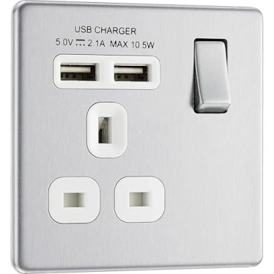 Image of BG Electrical fbs21u2w 2.1 A Masterplug Single Socket with 2 x USB, Brushed Steel White Insert