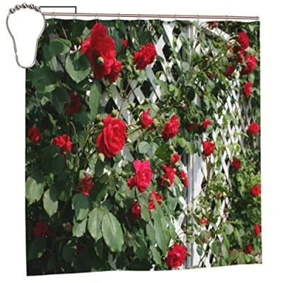 Image of SATOHA Red Rose Flower And Green Leaf Bathroom Shower Curtain Bath Fence Garden Outdoor Scenic Set Fabric For Sets With 12 Hooks