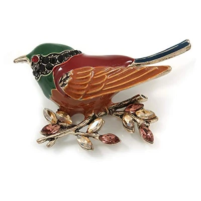 Image of Avalaya Brown/Green/Red Enamel, Crystal Robin/Bullfinch Bird Brooch in Aged Gold Tone 55mm Across