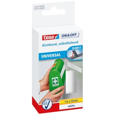 Image of tesa on &amp; Off General Purpose Stick Tape Self Adhesive Hook Loop for Quick Fastening of Light Objects White, 2 cm x 100