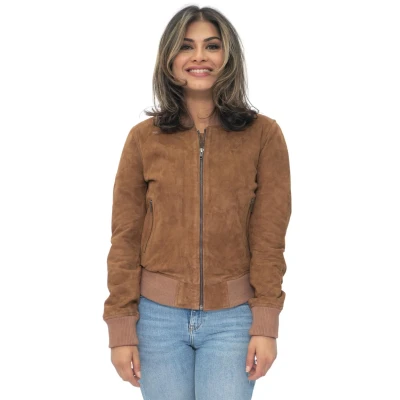 Image of Ladies Tan Brown Goat Suede Bomber Jacket Genuine Leather MA 1 Varsity Retro 4XL