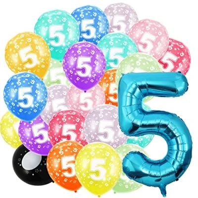 Image of 5nd Birthday Balloons,Blue Number 5 Balloon and 20pcs 12&quot; Multicoloured Numbers Printed Latex Age Balloons,Birthday Balloons for Girls Boys Decorations,5nd Anniversary Party Supplies