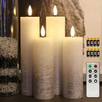 Image of Fanna Slim Silver Battery Operated Flameless LED Candles, Textured Wax Finish, Batteries and Remote Included Dia. 5 CM Set of 4