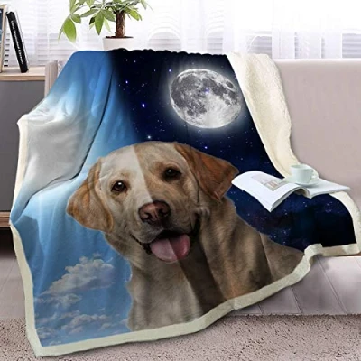 Image of BlessLiving Fuzzy Dog Blanket For Kids Adults Sun and Moon Print Fleece Reversible Animal Pattern Sherpa Throw Travel/Single (Labrador,130x150cm)