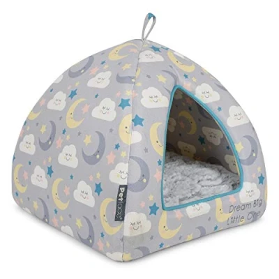 Image of Petface (Little Petface) Igloo Kitten Bed, Grey Cloud and Moon Print