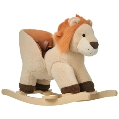 Image of HOMCOM Kids Children Rocking Horse Plush Ride On Lion Seat w/Sound Wood Base Safety Belt Toddler Baby Toy for 18 36 Months Brown