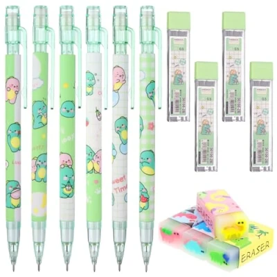 Image of Uoeo Cute Mechanical Pencil Set for Kids 6pcs Kawaii Dinosaur Pencils with 4 Pcs Erasers and 0.5mm Tubes Refills Student Writing, Drawing, Sketching, Architecture