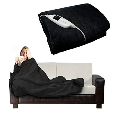 Image of Electric Heated Throw Over Under Blanket Fleece Washable Polyester Warm Mattress (Black)