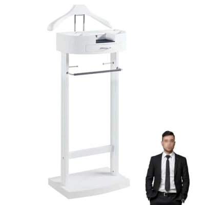 Image of Solid Wood Valet Stand with Tray, Freestanding Clothes Suit Hanger Rack Base and Pants Bracket Floor Standing Front Trouser for Men Women