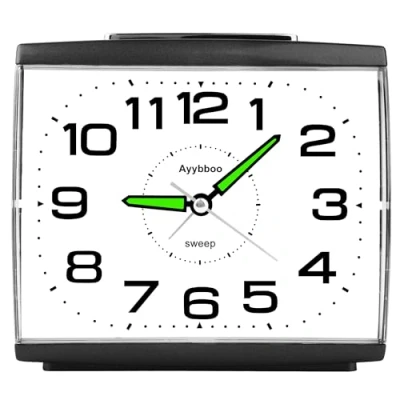 Image of Ayybboo Alarm Clocks Bedside Battery Powered Analogue, Analogue Clock No Ticking Silent with Nightlight Snooze, Large Size (Black)