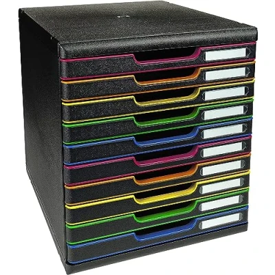 Image of Exacompta Ref 302914D Iderama Collection Modulo A4 350 x 288 320mm in Size, 10 Closed Drawers (26mm Height), Smooth Opening with Stop, Label Holders Black/Harlequin