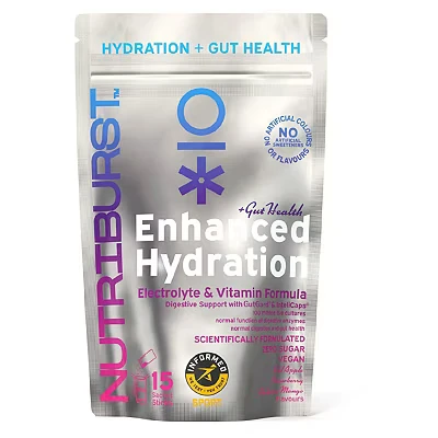 Image of Nutriburst Enhanced Hydration + Gut Health Electrolytes 11 Vitamins &amp; Minerals Digestive Function Suitable for Vegans 15 Pack: Mango, Strawberry Apple