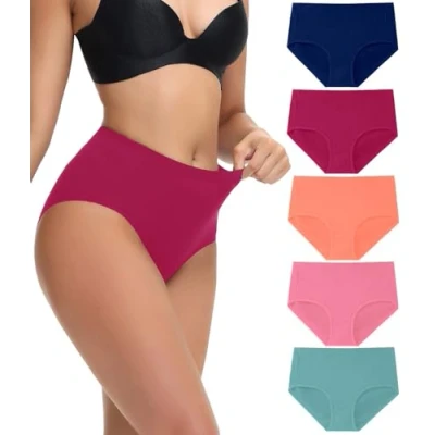 Image of wirarpa Underwear Women Mid High Waist Knickers Comfortable Ladies Cotton Pants Full Briefs 5 Pack Navy Purple Red Orange Watermelon Green Size XX Large