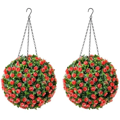Image of CHRISTOW Pair of Artificial Rose Topiary Balls, 28cm Faux Leaf Hanging Ornaments, Red &amp; White Flowers, Decorative Outdoor Garden Plants, Lifelike Foliage, UV Protected, Pre Attached Chain with Hook