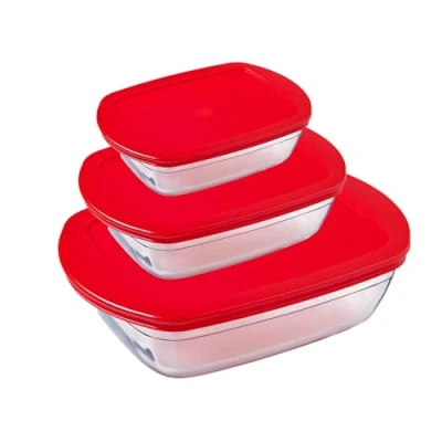 Image of Ôcuisine® Cook &amp; Store Glass Storage Lunch Containers with Lids Extreme Resistance Oven Safe Freezer Microwave (Rectangular Dishes Lid Set of 3 (0.4, 1.1, 2.5LT))
