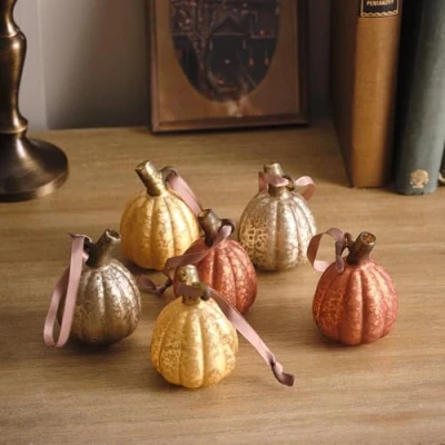 Image of Lights4fun Set of 6 Mottled Mercury Glass Mini Pumpkin Hanging Tree Autumn Indoor Decorations