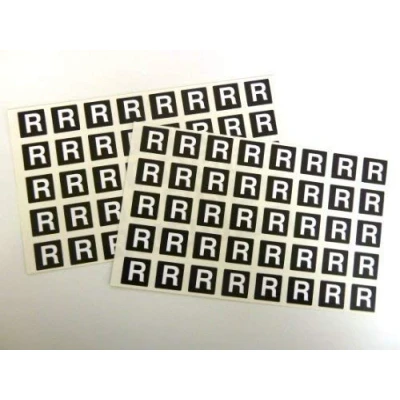 Image of Letter R, White Alphabet Letters on Black 20x20mm Square Labels Durable Plastic Stickers