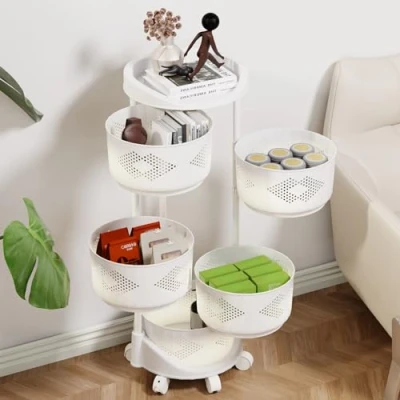 Image of Calager Fruit Vegetable Basket Rack,5 Tier Kitchen Rotating Storage Rack Cart,Circular Shelves on Wheels,Moveable Plastic Stand Trolley for (White)