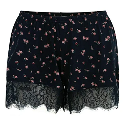 Image of Paradise Ladies Lounge Shorts Navy Floral LACE Trim PJ Sleep Short EX UK Store 8 16 New