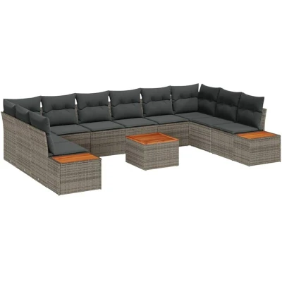 Image of vidaXL 11 Piece Garden Sofa Set with Cushions Grey Poly Rattan Acacia