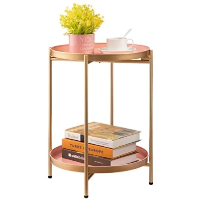 Image of HollyHOME Round Side Table Metal End Table, 2 Tier Tray Snack Coffee Tea Nightstand Sofa for Living Room Bedroom Balcony Patio, Gold&amp;Pink