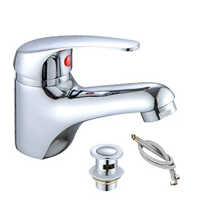 Image of Single Lever Basin Mixer with Pop Up Click Waste Chrome Modern Bath Tap Monobloc Wash Sink Brass