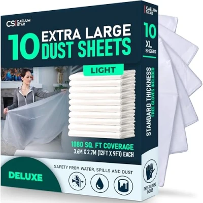 Image of CS 10 Pack Extra Large Plastic Dust Sheets for Decorating 3.6 x 2.7m (12 9ft), Light Sheet Painting &amp; Furniture, Sheeting Tools