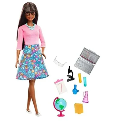 Image of Barbie GDJ35 Brunette Teacher Doll with 10 Educational Accessories, Including Rotating Globe and Laptop, Toy for Children,