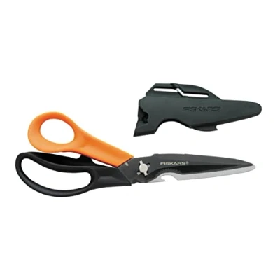 Image of Fiskars Cuts + More Multi tool Scissors, Includes Protective Case With Scissor Sharpener, Length: 23 cm, Titanium Coating, Stainless Steel Blade/Plastic Handles, Black/Orange, 1000809