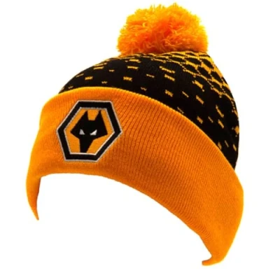 Image of Wolverhampton Wanderers Wolves FC Ski Cuff Knit Beanie Bobble Hat Black