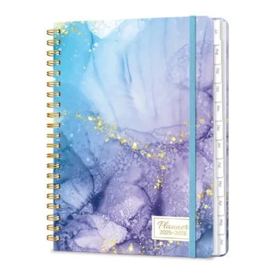 Image of A5 Academic Diary 2025 2026 Week to View, Daily Weekly Planner 6.18&quot; x 8.5&quot; with Tabs, Spiral School Year Monthly Calendar from JUL.2025 JUN.2026 for Student and Teacher (Blue Marble)